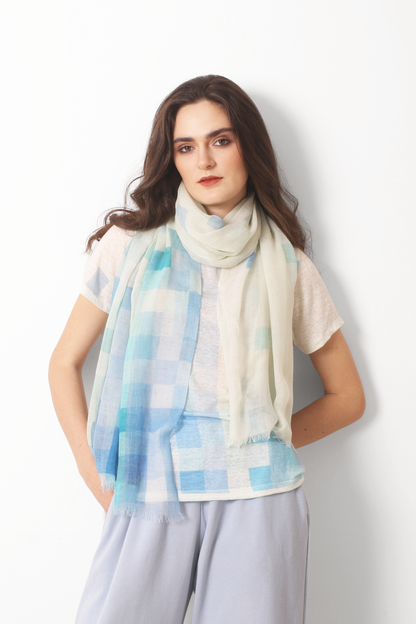 Pastel Check Geometric Silk Cashmere Scarf