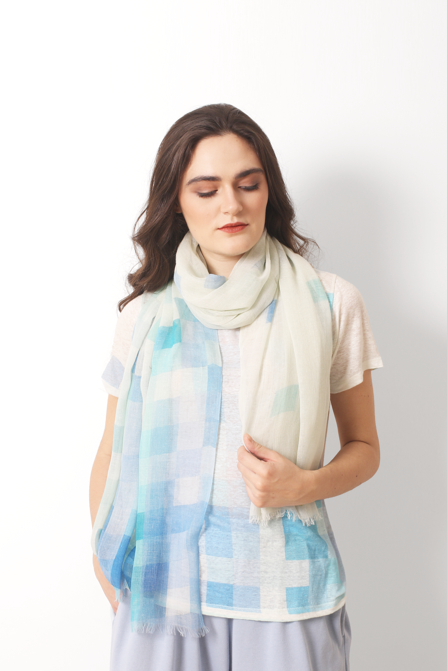 Pastel Check Geometric Silk Cashmere Scarf