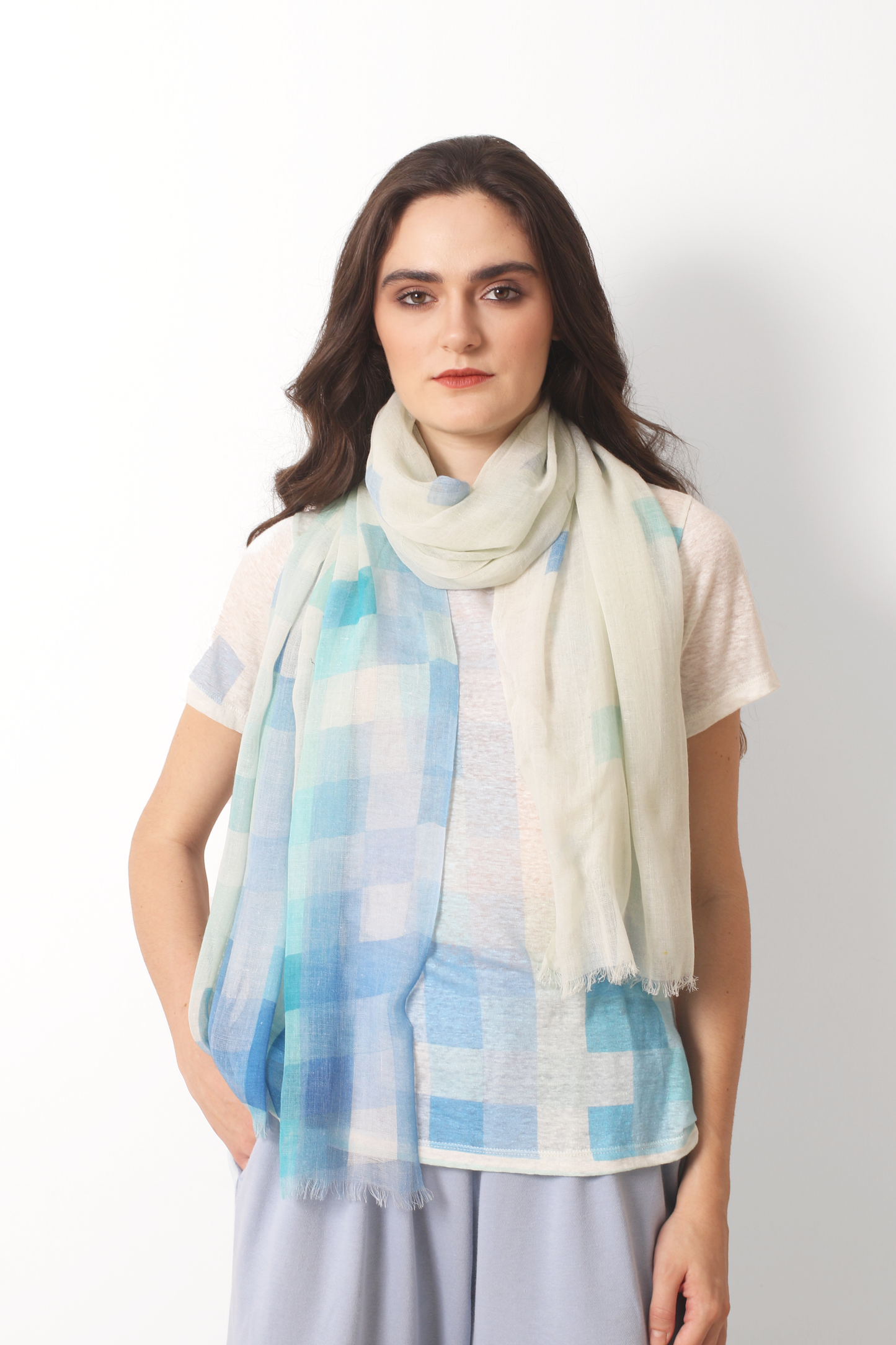 Pastel Check Geometric Silk Cashmere Scarf