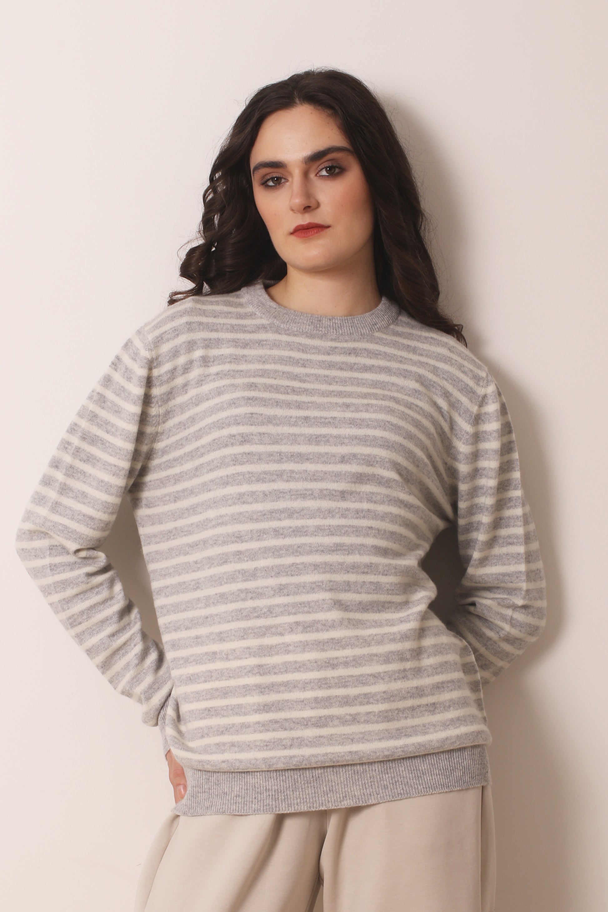 Grey Cashmere Striped T shirt- Pashma Women's