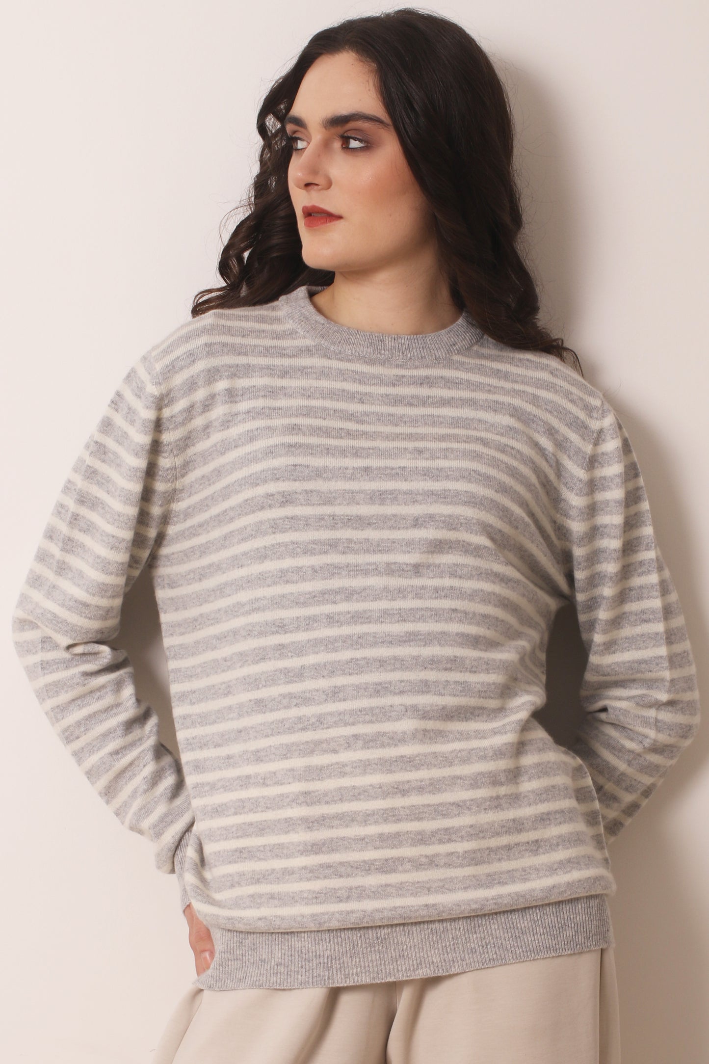 Grey Cashmere Striped T shirt 2- Pashma Women's