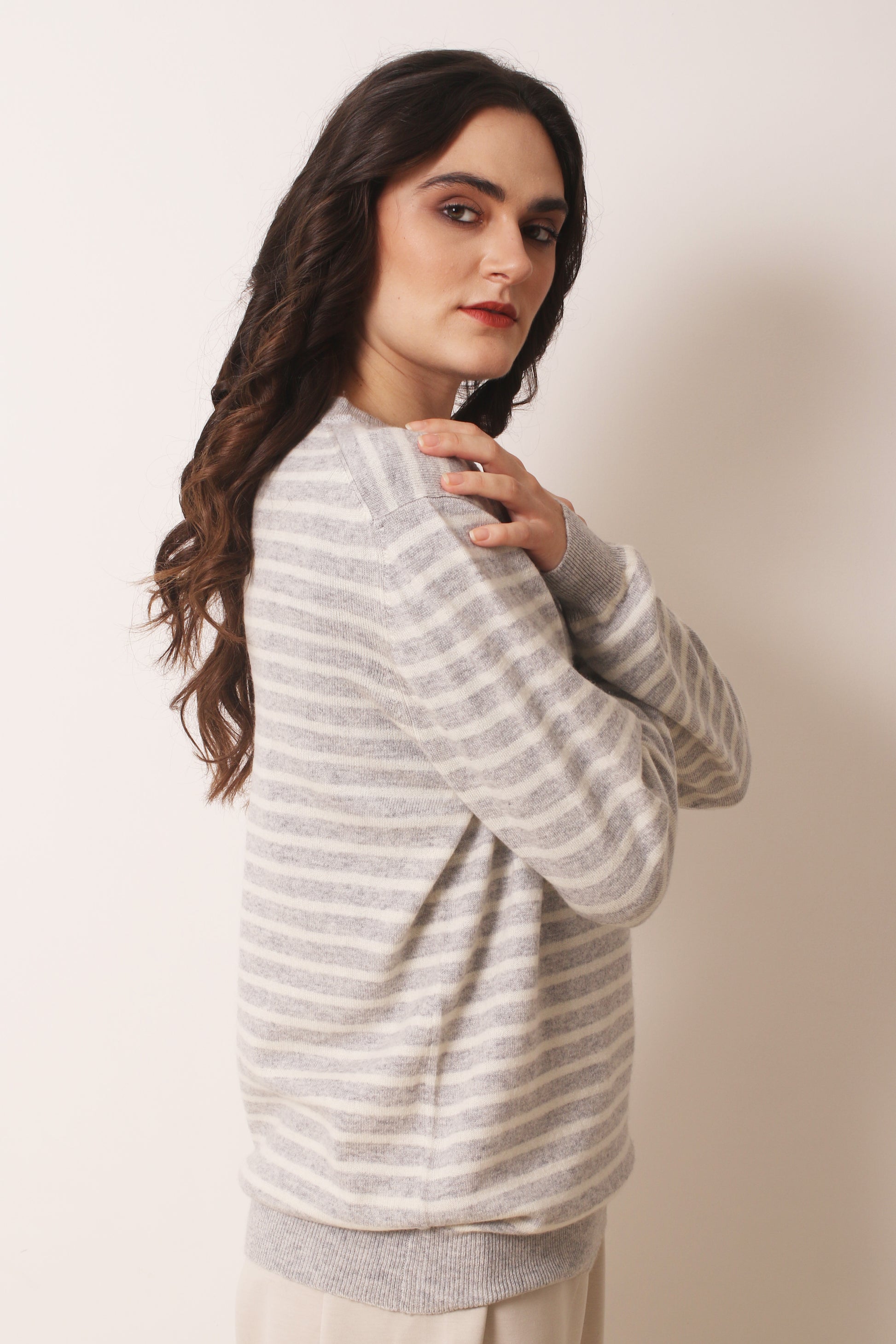 Grey Cashmere Striped T shirt 3- Pashma Women's