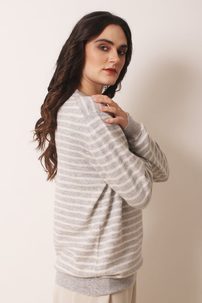 Grey Cashmere Striped T shirt 3- Pashma Women's