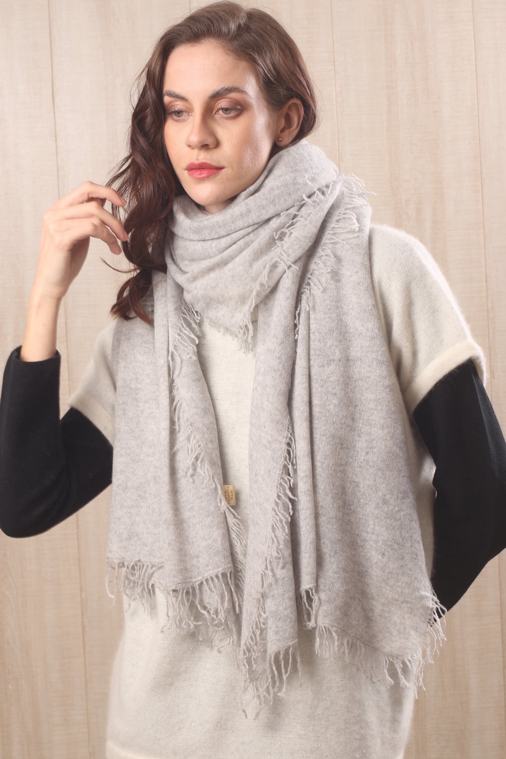 Grey Melange Knitted Cashmere Scarf- Pashma Women's