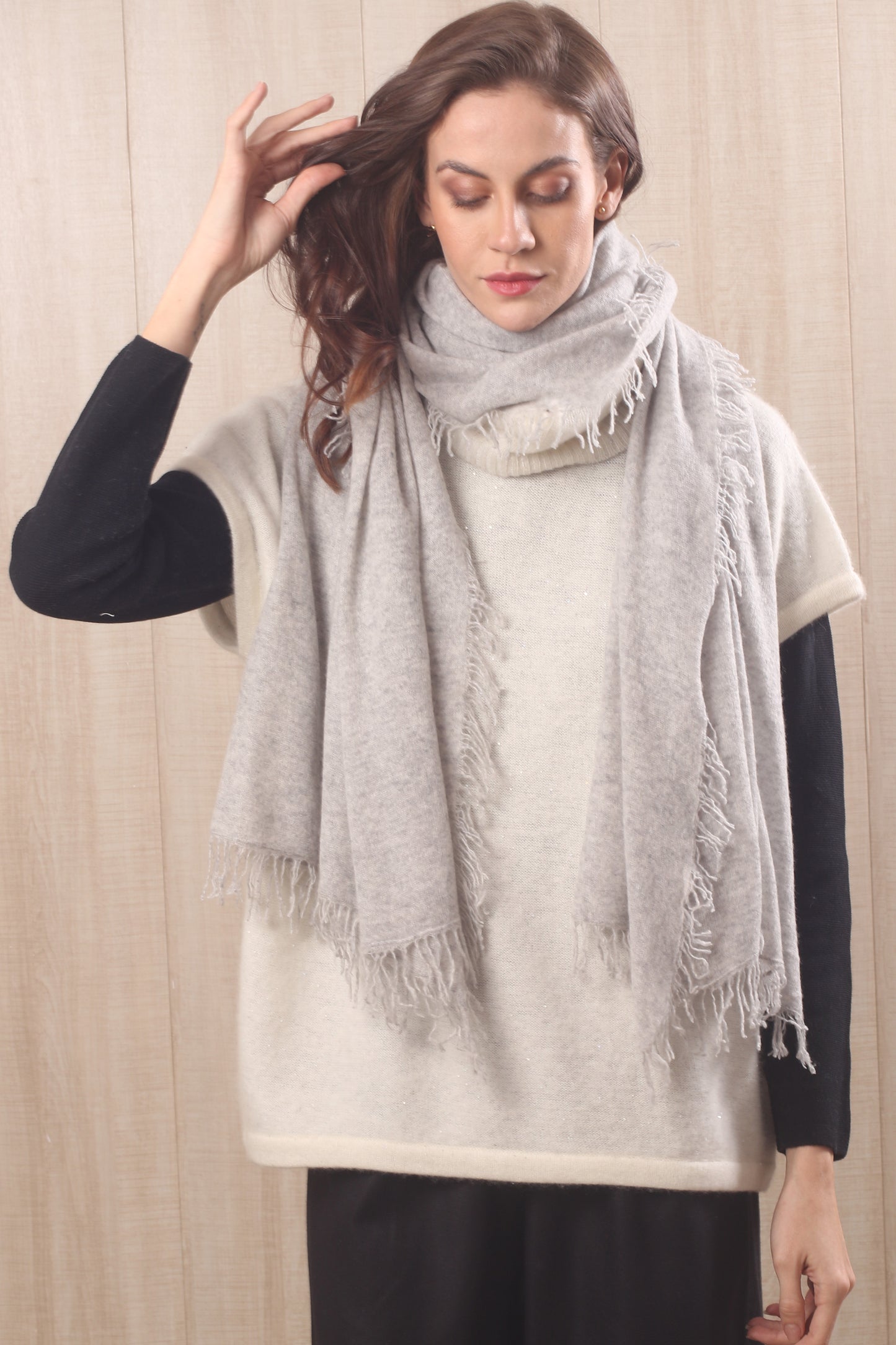 Grey Melange Knitted Cashmere Scarf 2- Pashma Women's