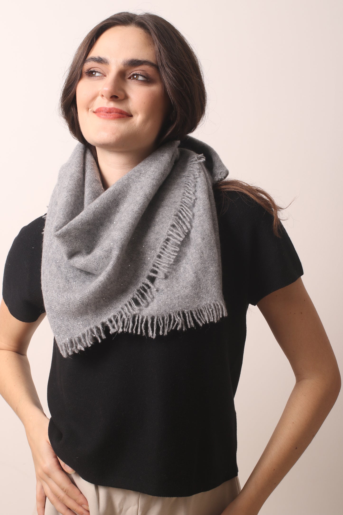 Grey Snow Diamond Yarn Cashmere Scarf 1- Pashma Women's