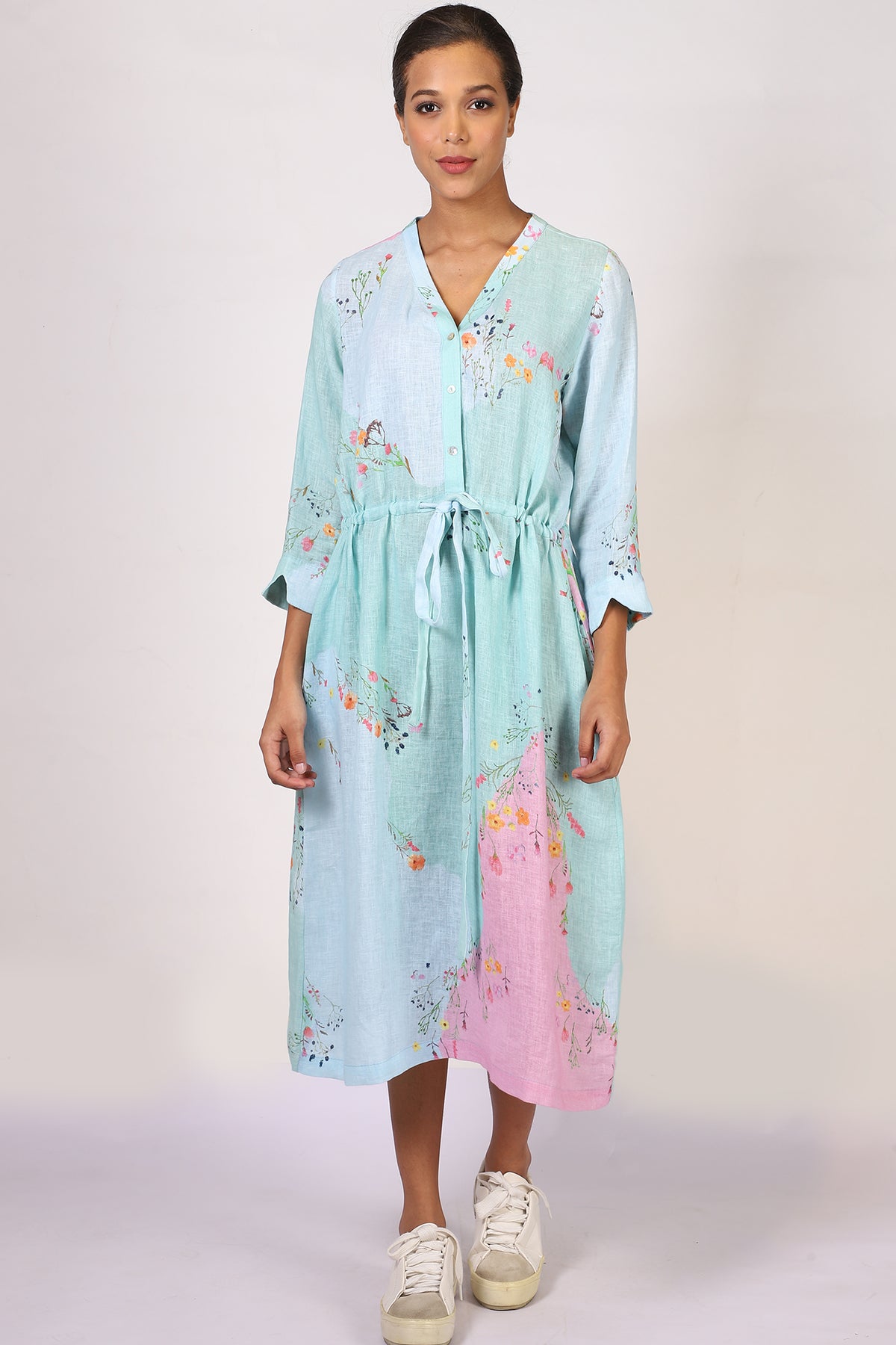 Turquoise Floral Linen Dress