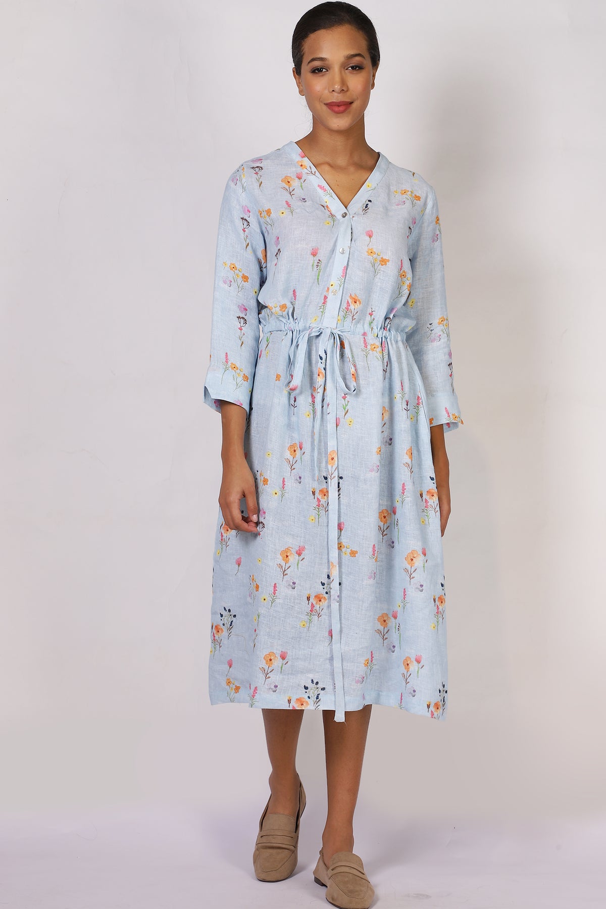 Blue Floral Linen Dress