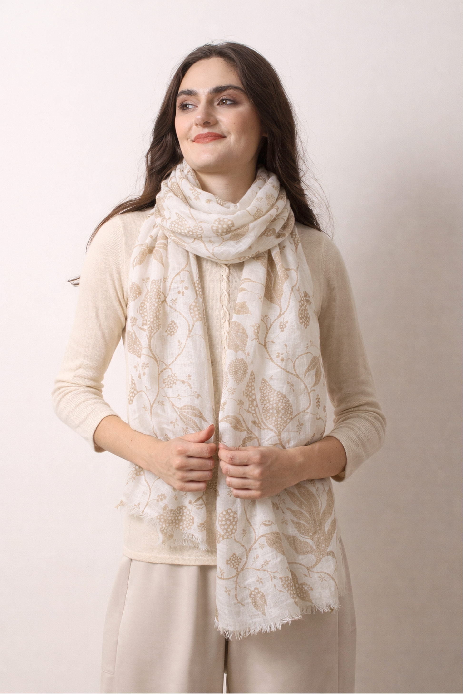 Ivory Botanical Silk Cashmere Scarf 3- Pashma Women's