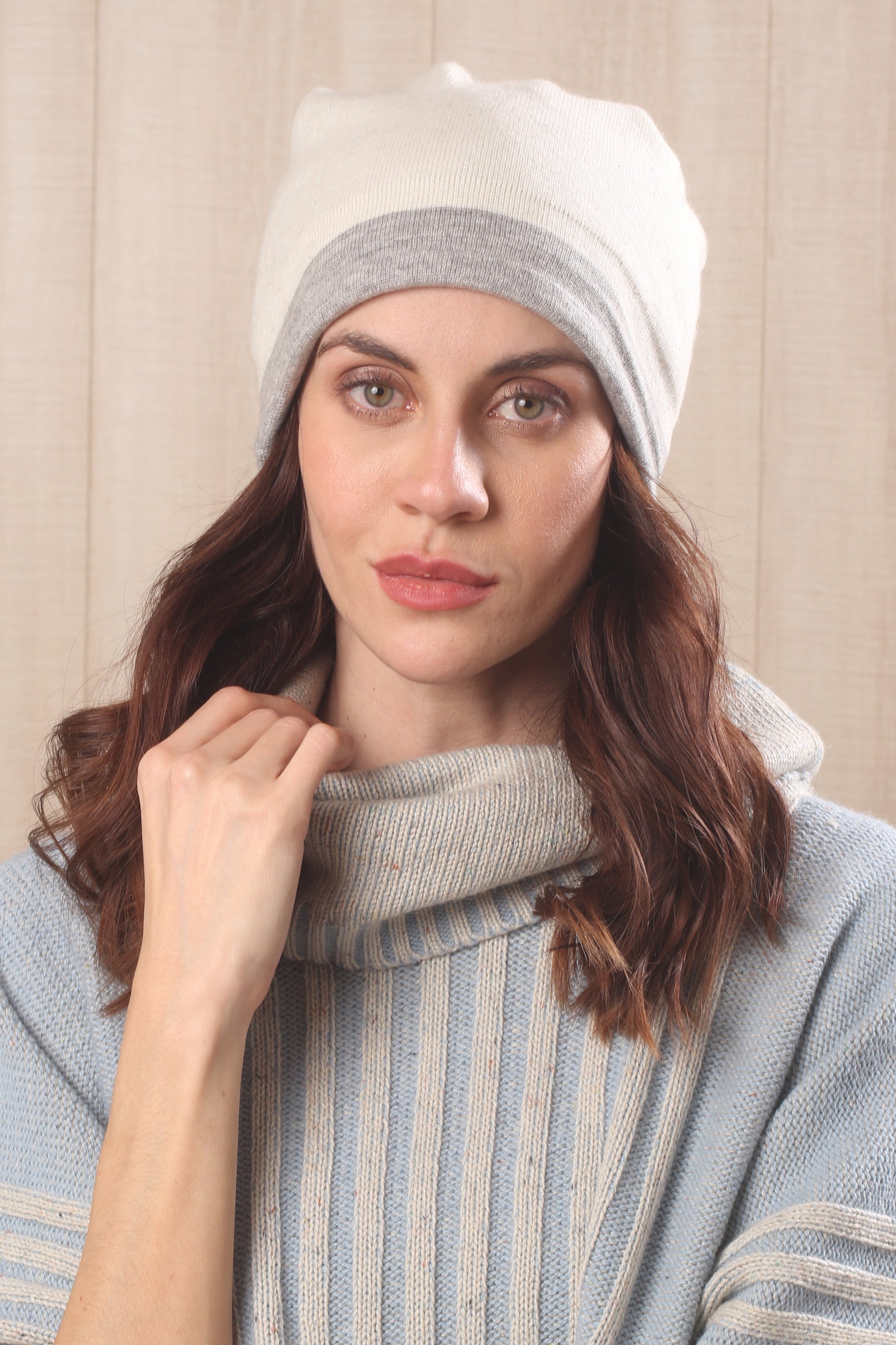 Ivory & Grey Reversible Beanie 1 - Pashma Women's