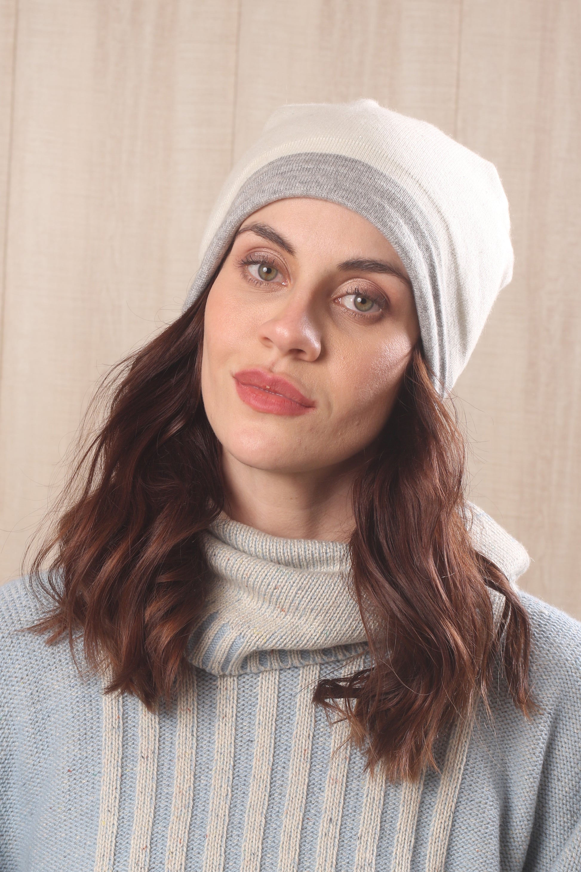 Ivory & Grey Reversible Beanie 2- Pashma Women's