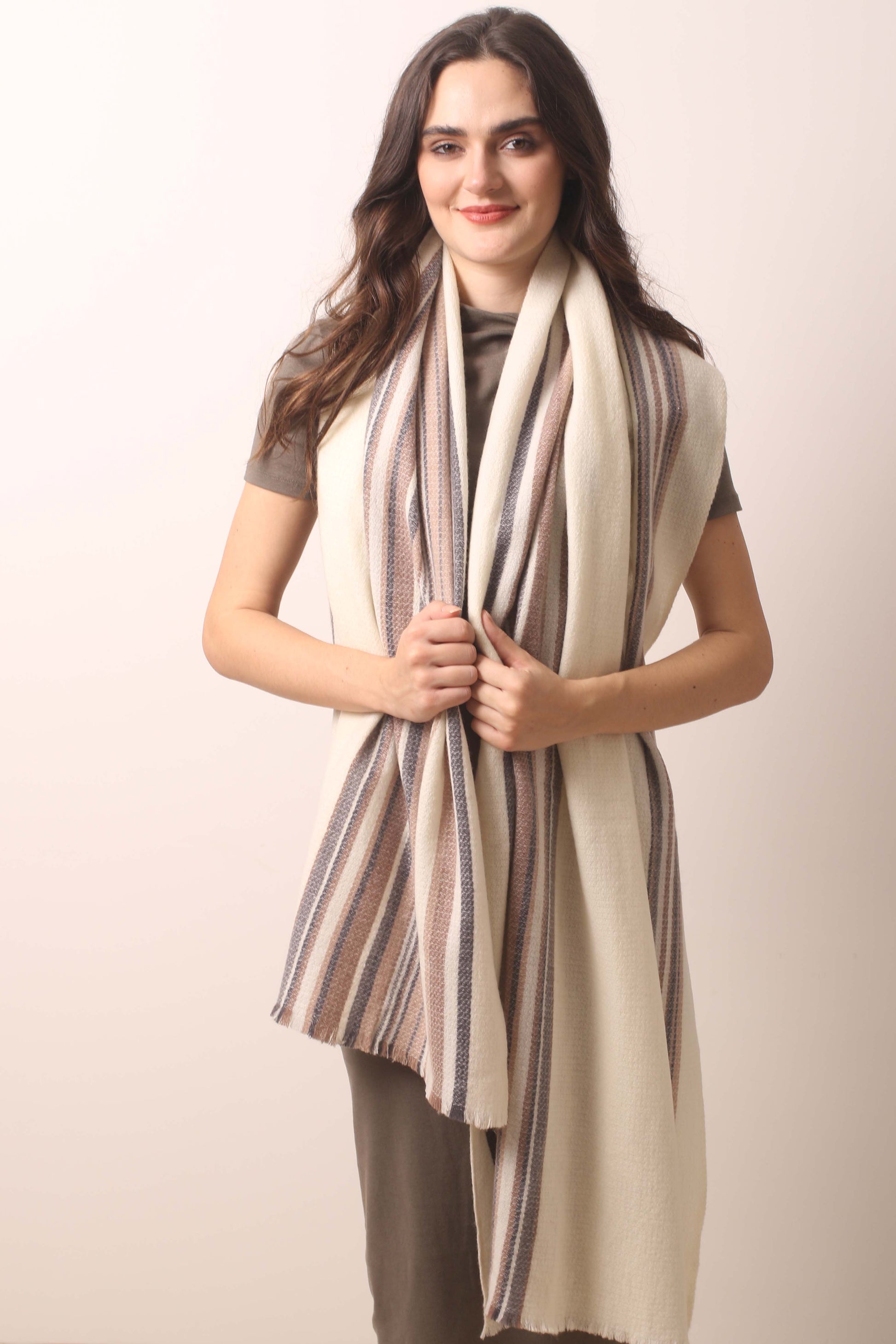 Ivory Striped Cashmere Scarf- Pashma Women's