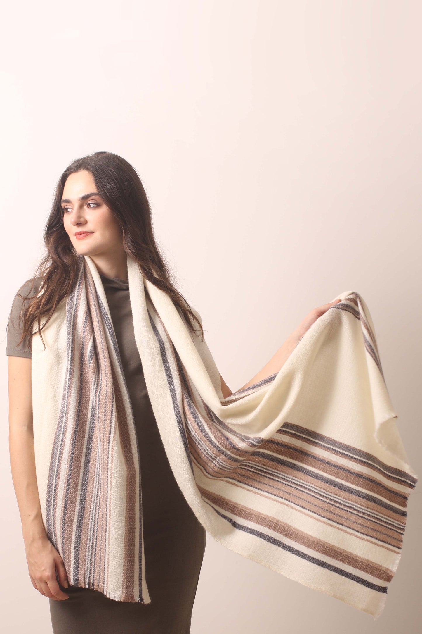 Ivory Striped Cashmere Scarf 2- Pashma Women's