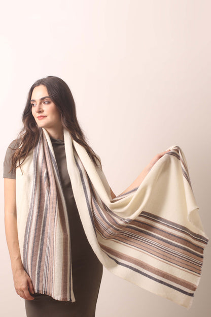 Ivory Striped Cashmere Scarf 2- Pashma Women's