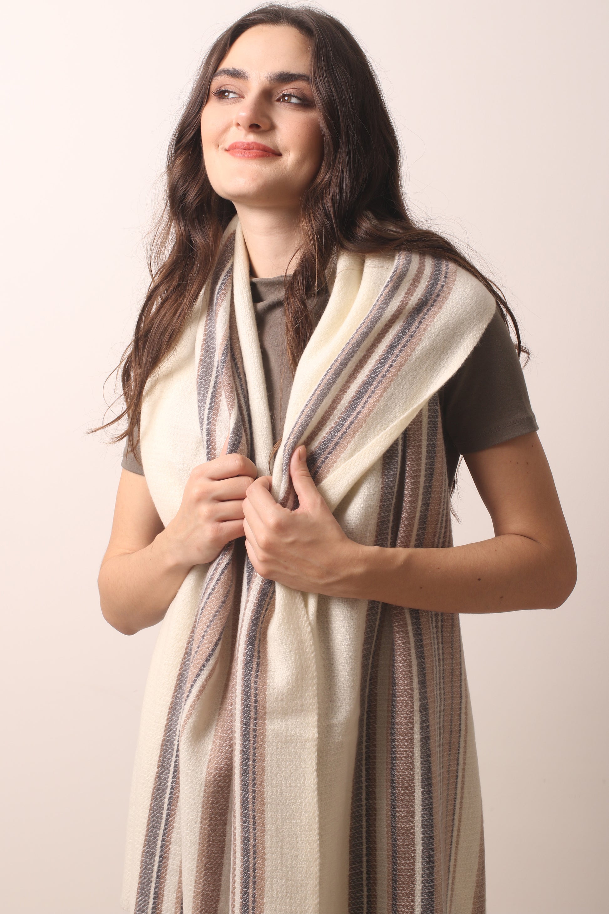 Ivory Striped Cashmere Scarf 3- Pashma Women's