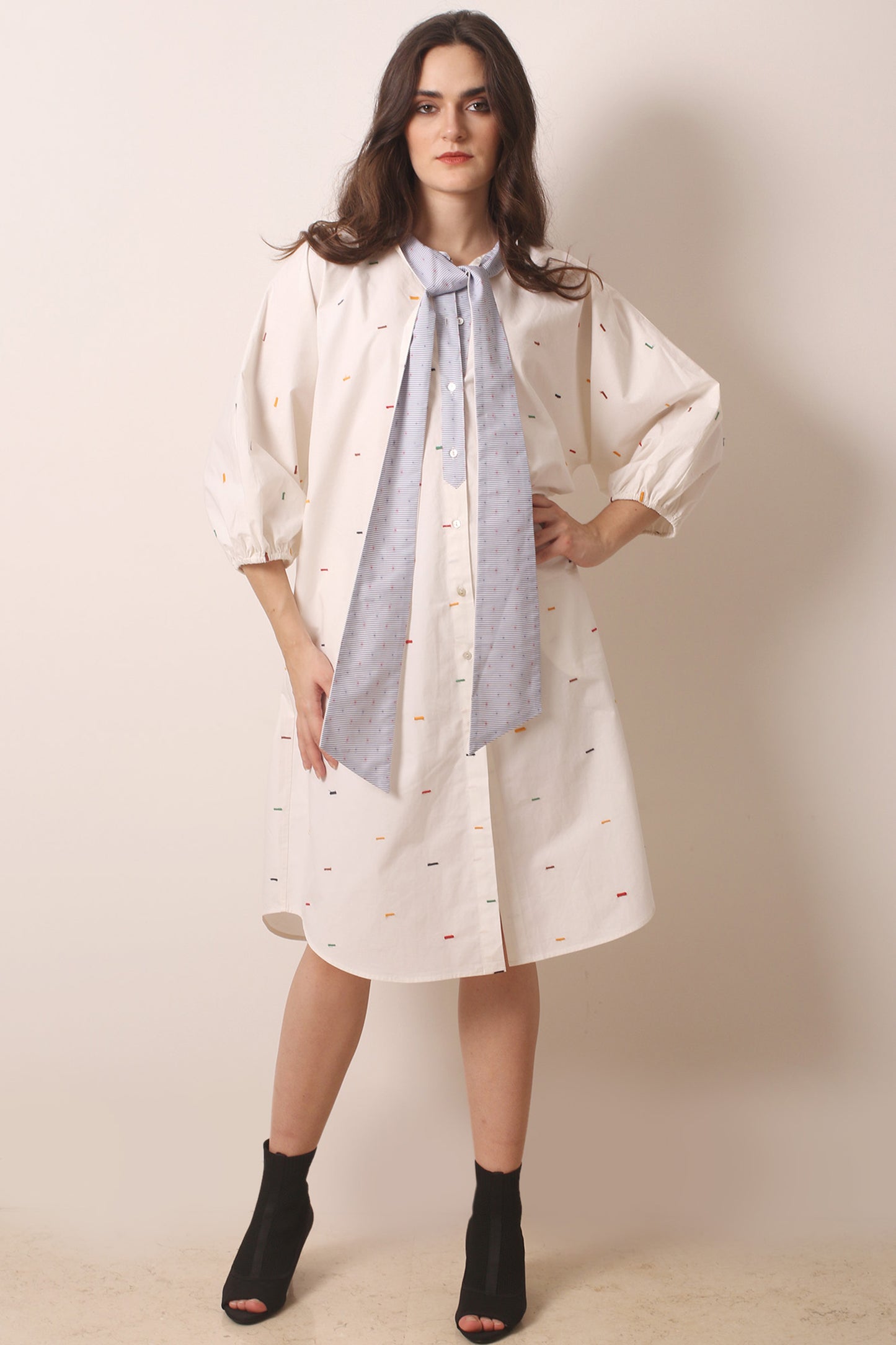 Ivory Tie neck Printed Cotton Dress- Pashma Women's