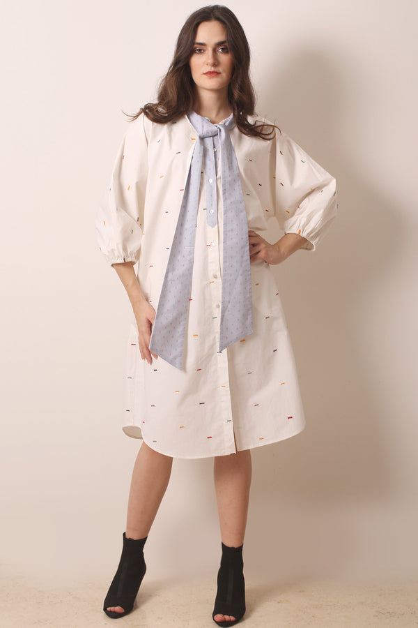 Ivory Tie neck Printed Cotton Dress- Pashma Women's