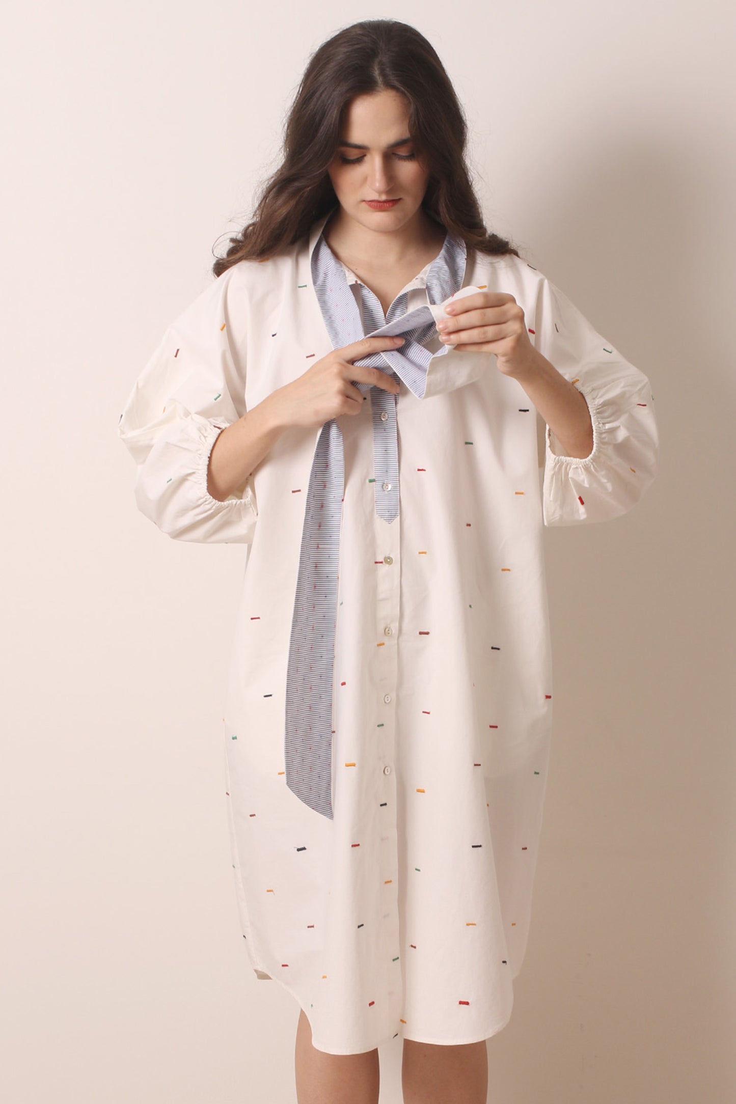 Ivory Tie neck Printed Cotton Dress 1- Pashma Women's