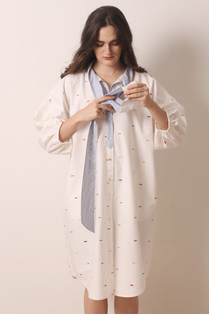 Ivory Tie neck Printed Cotton Dress 1- Pashma Women's