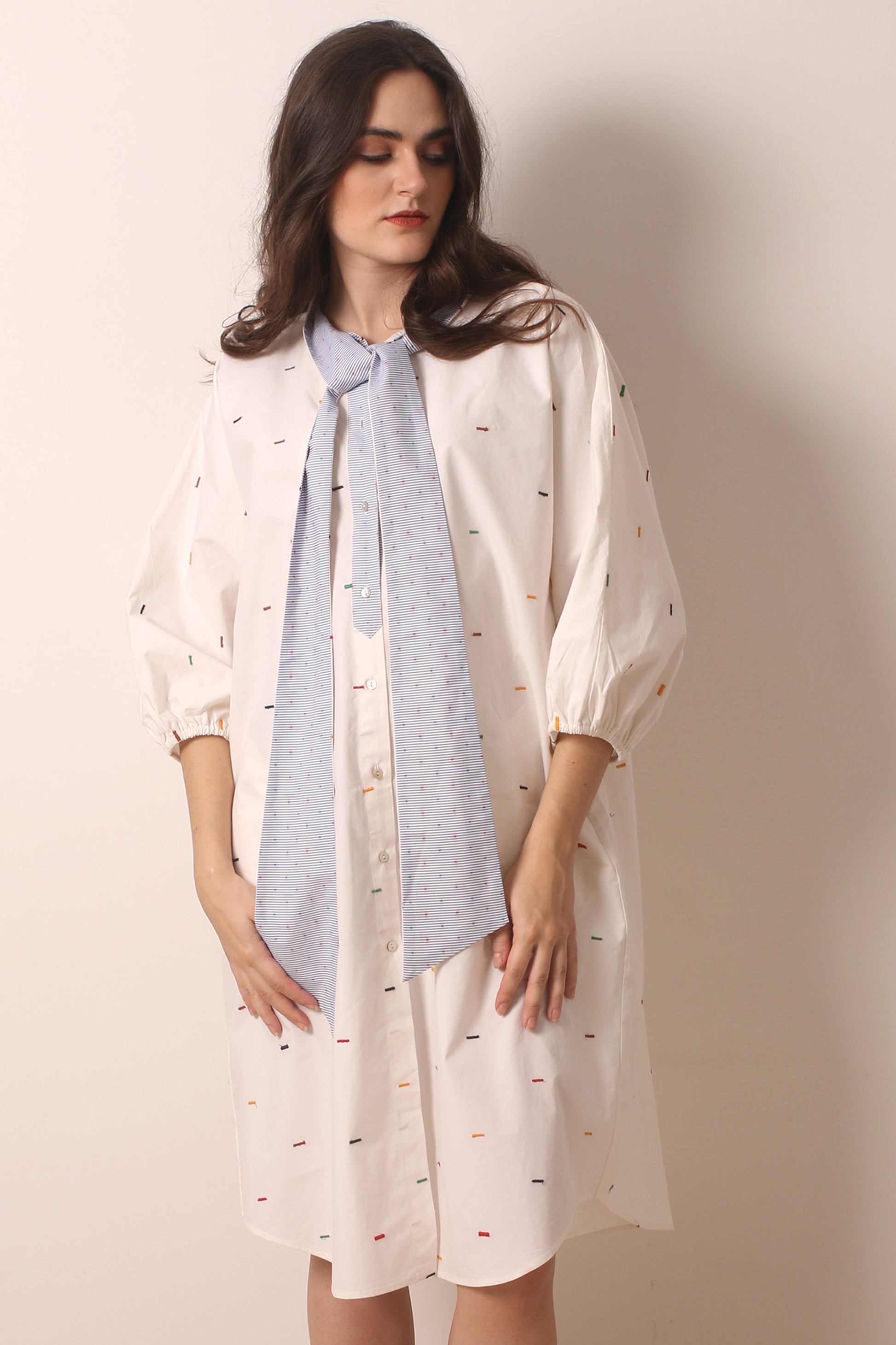 Ivory Tie neck Printed Cotton Dress 2- Pashma Women's