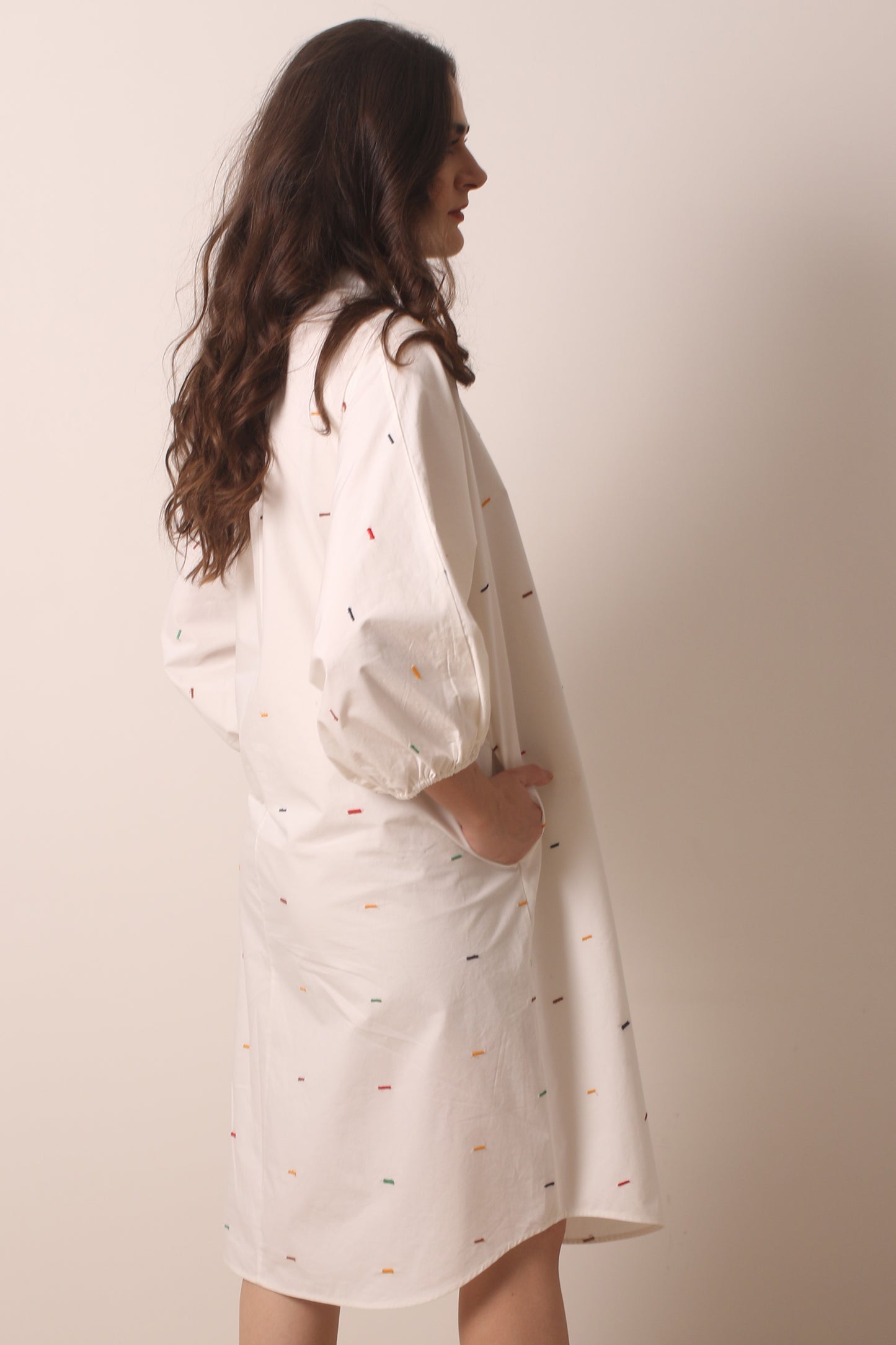 Ivory Tie neck Printed Cotton Dress 3- Pashma Women's