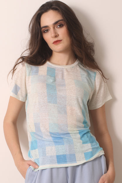 Ivory geometric knitted linen T-shirt- Pashma Women's