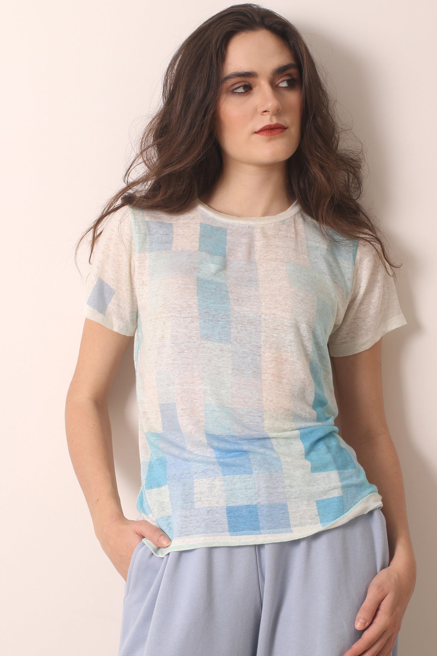 Ivory geometric knitted linen T-shirt 1- Pashma Women's