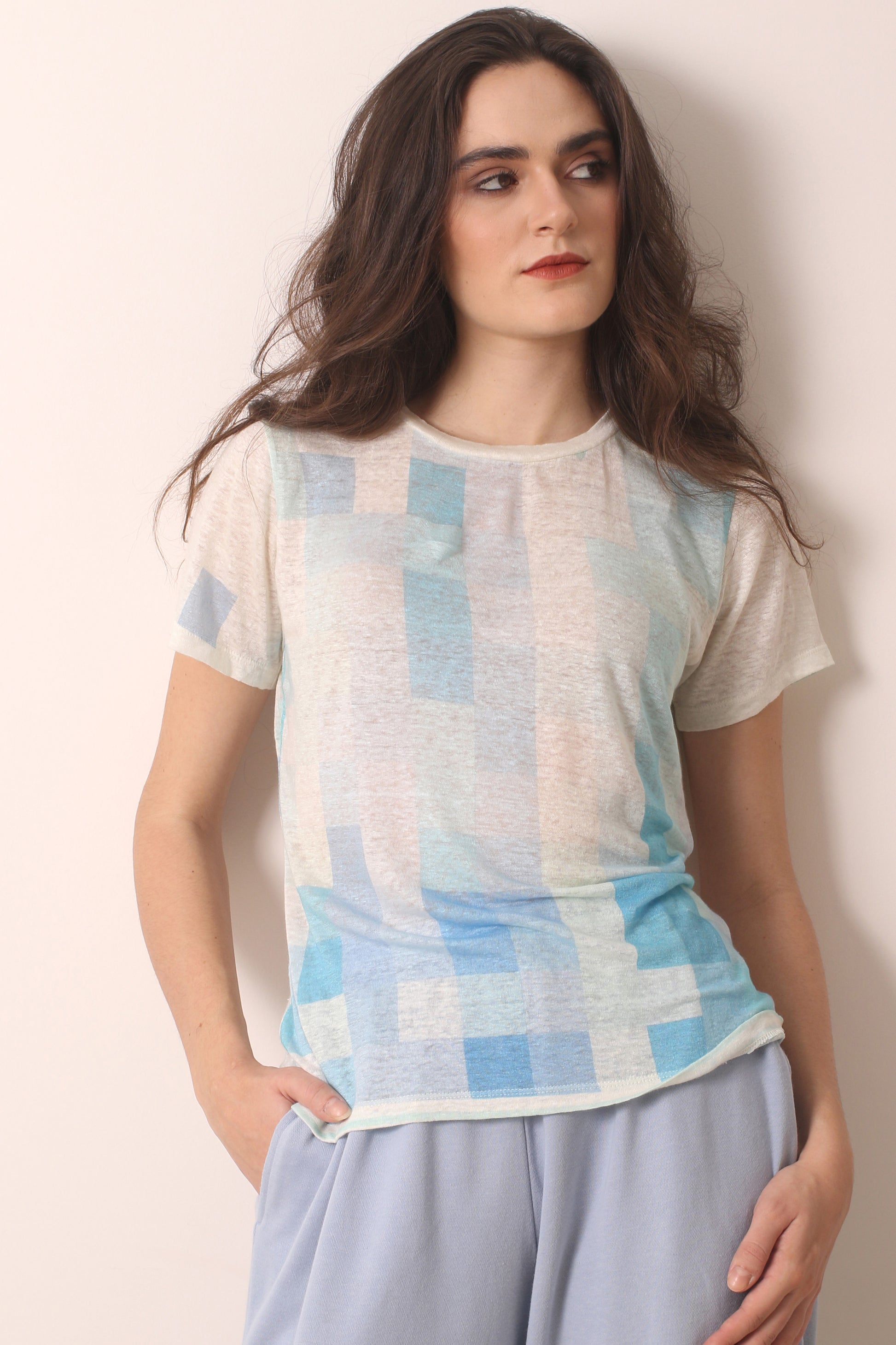 Ivory geometric knitted linen T-shirt 1- Pashma Women's