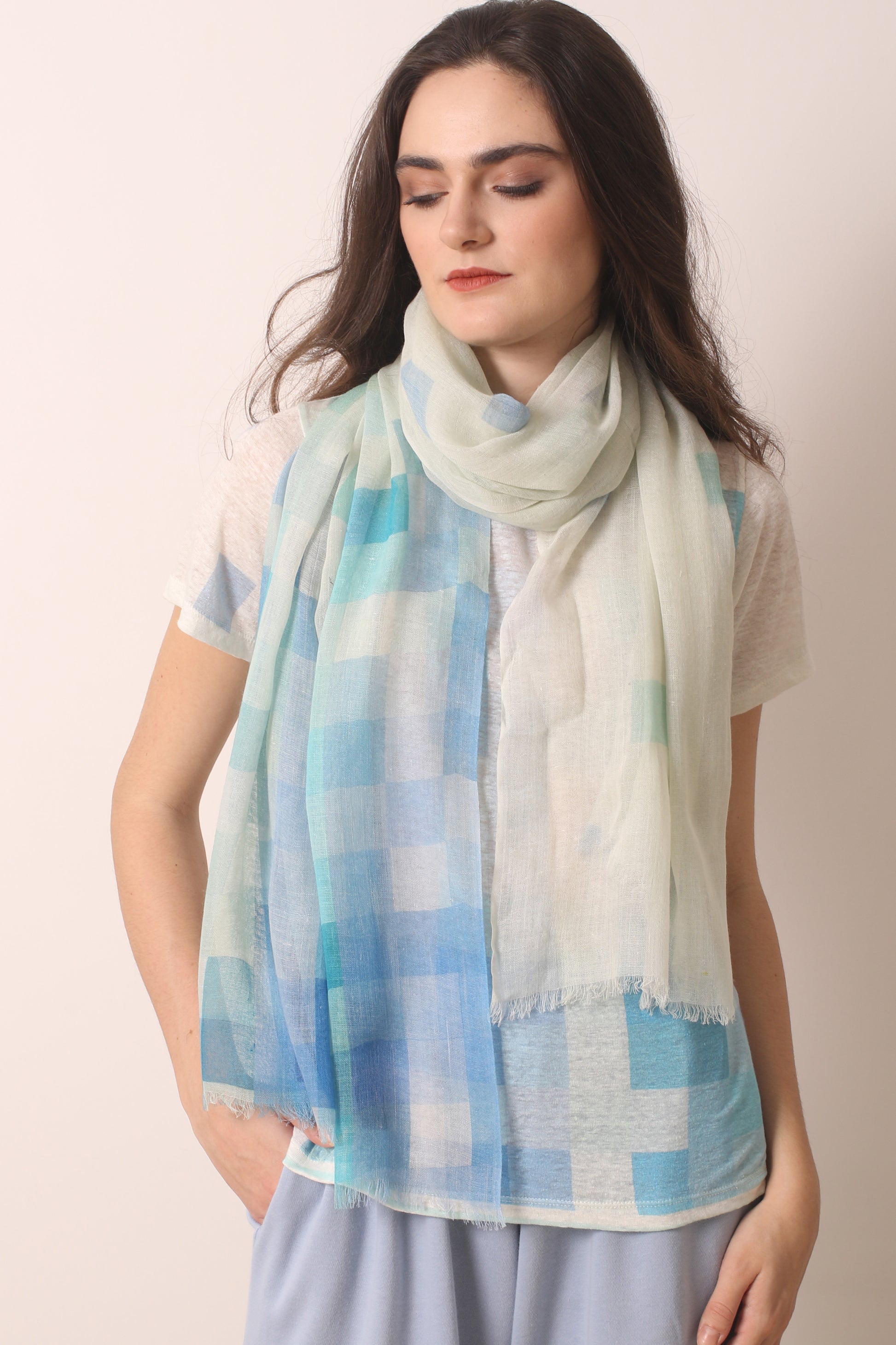 Ivory geometric knitted linen T-shirt 2- Pashma Women's