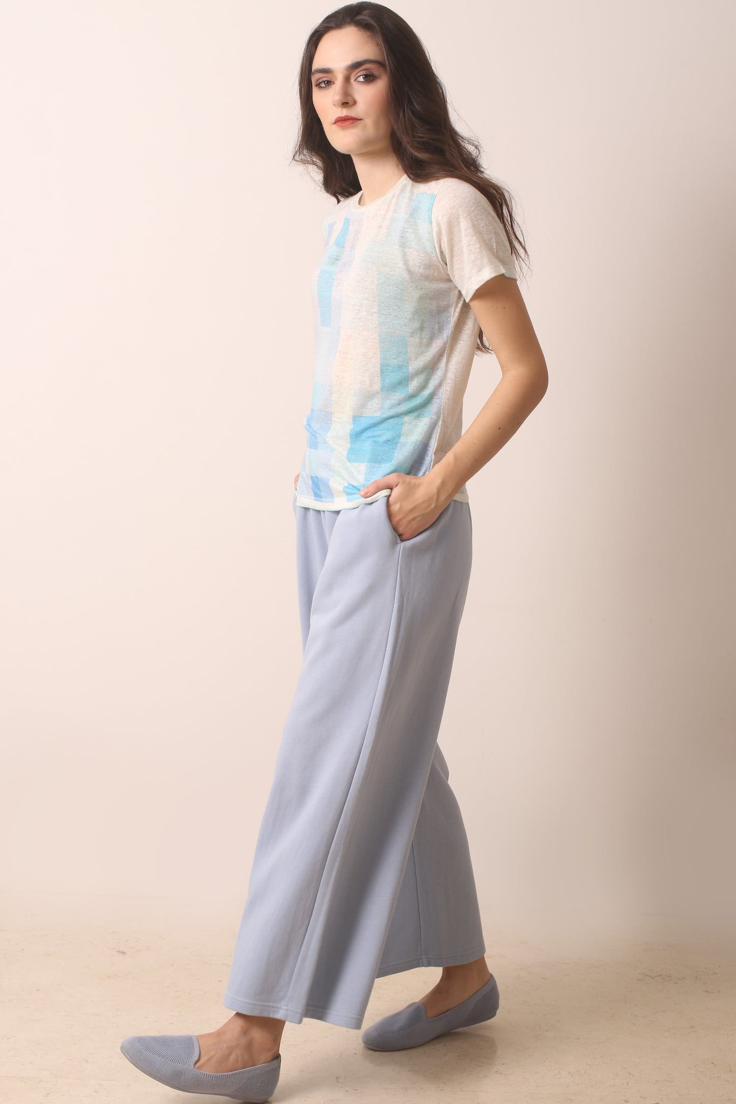 Ivory geometric knitted linen T-shirt 3- Pashma Women's