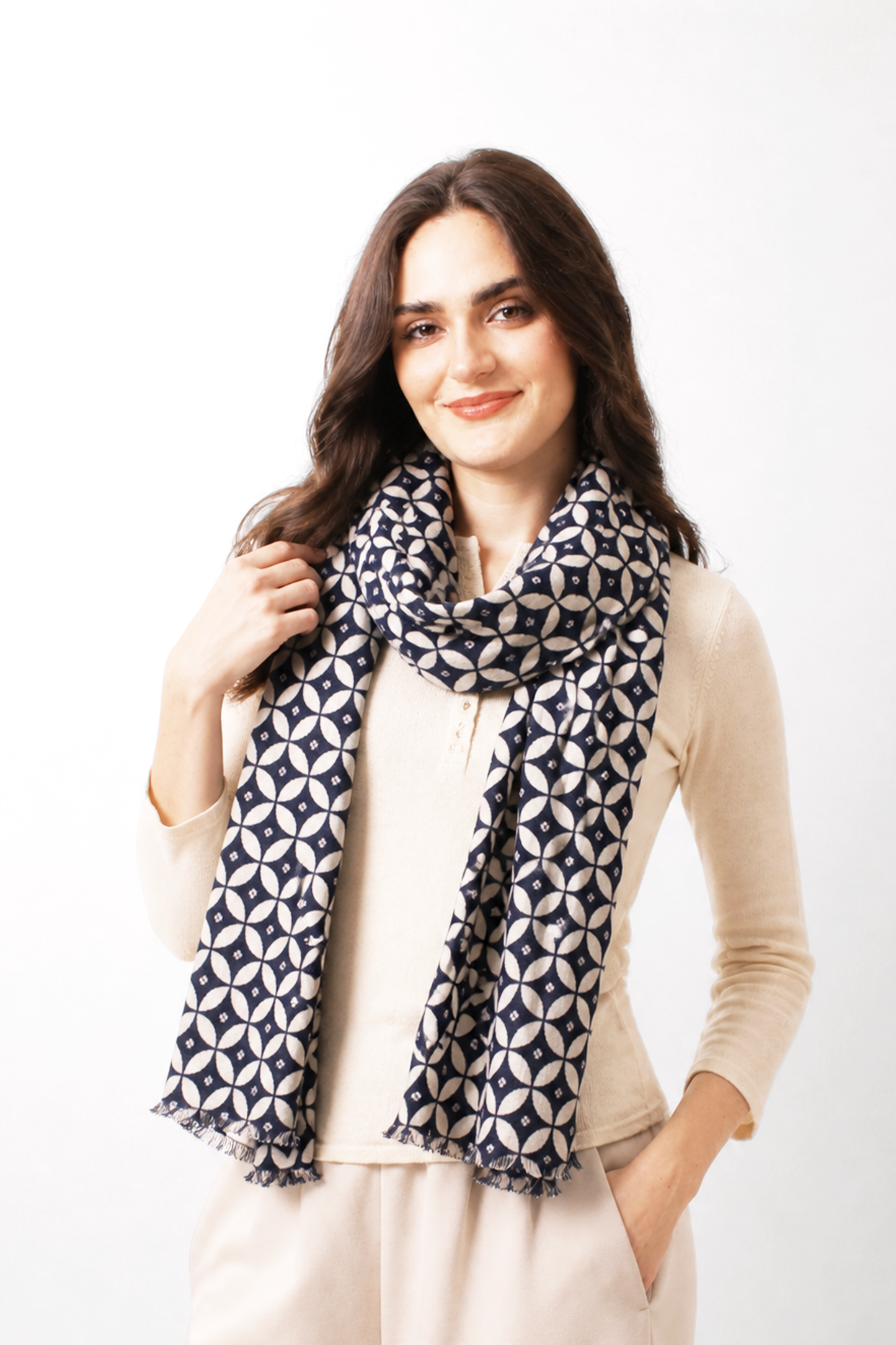 Monochrome Geometric Wool Cashmere Twill Scarf