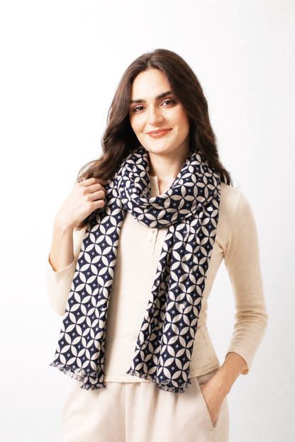 Monochrome Geometric Wool Cashmere Twill Scarf