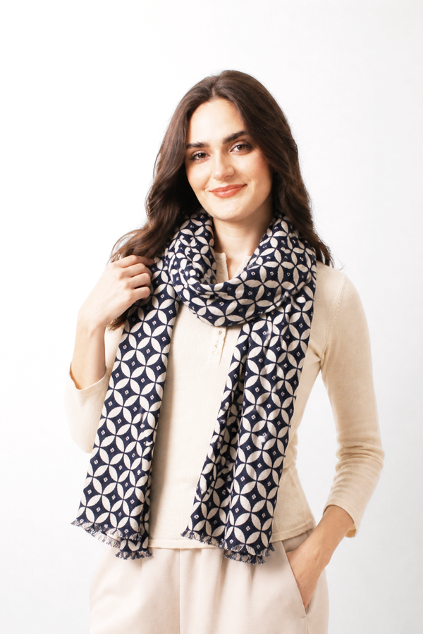 Monochrome Geometric Wool Cashmere Twill Scarf