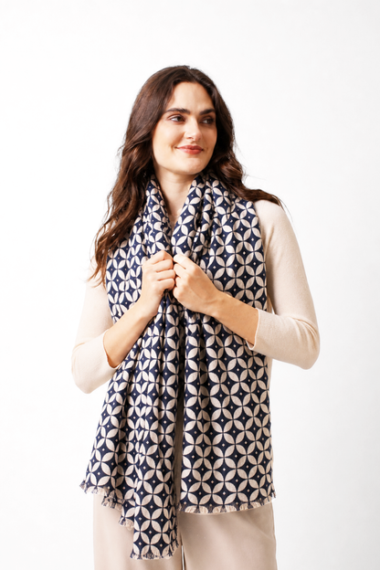 Monochrome Geometric Wool Cashmere Twill Scarf