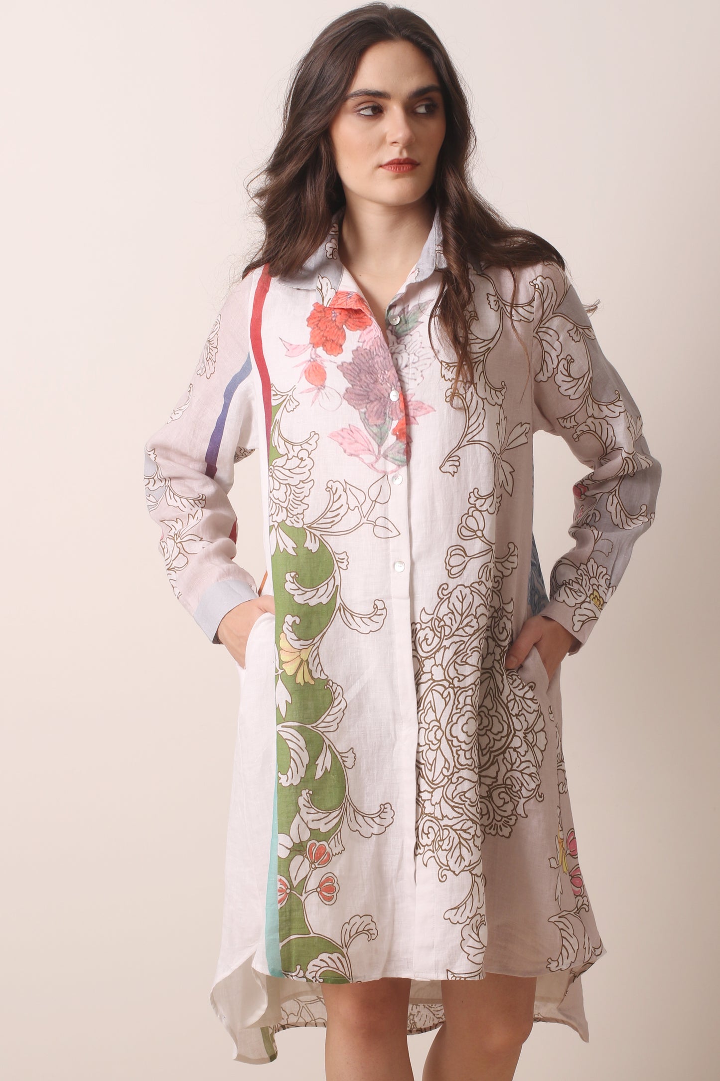 Multicolor Floral Printed Linen Shirt Dress- Pashma Women's