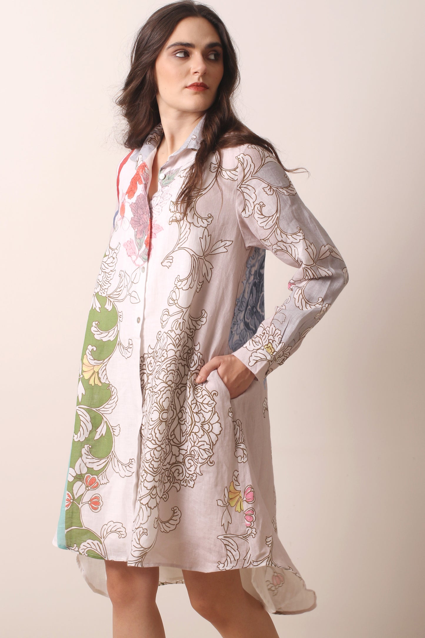 Multicolor Floral Printed Linen Shirt Dress 1- Pashma Women's