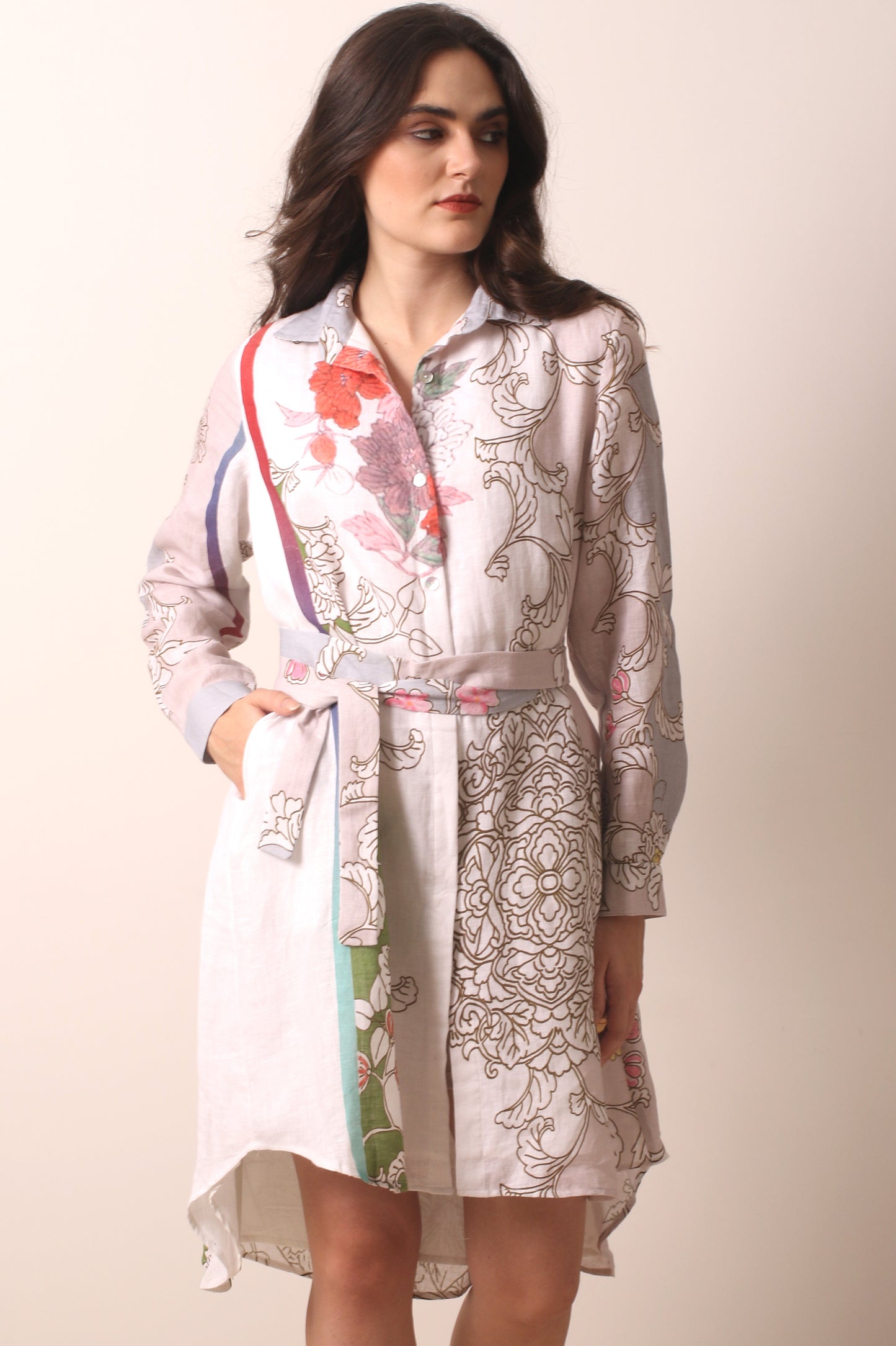 Multicolor Floral Printed Linen Shirt Dress 2- Pashma Women's
