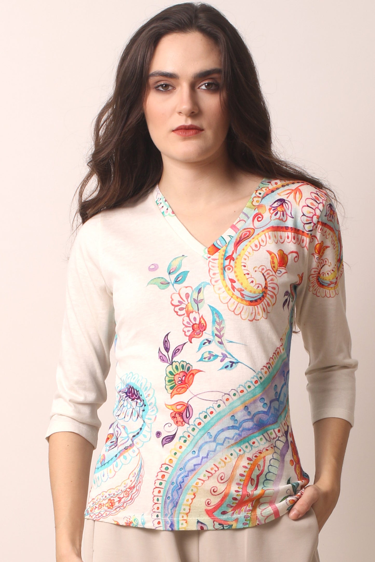 Multicolor Paisley Cotton Cashmere T Shirt- Pashma Women's