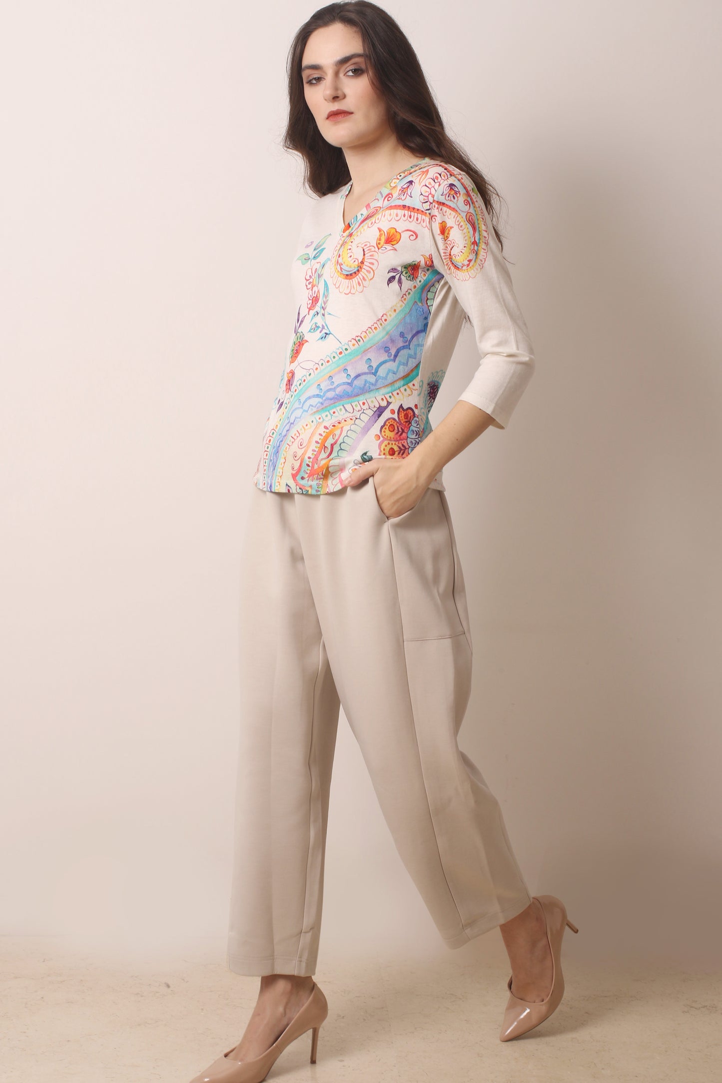 Multicolor Paisley Cotton Cashmere T Shirt 1 - Pashma Women's