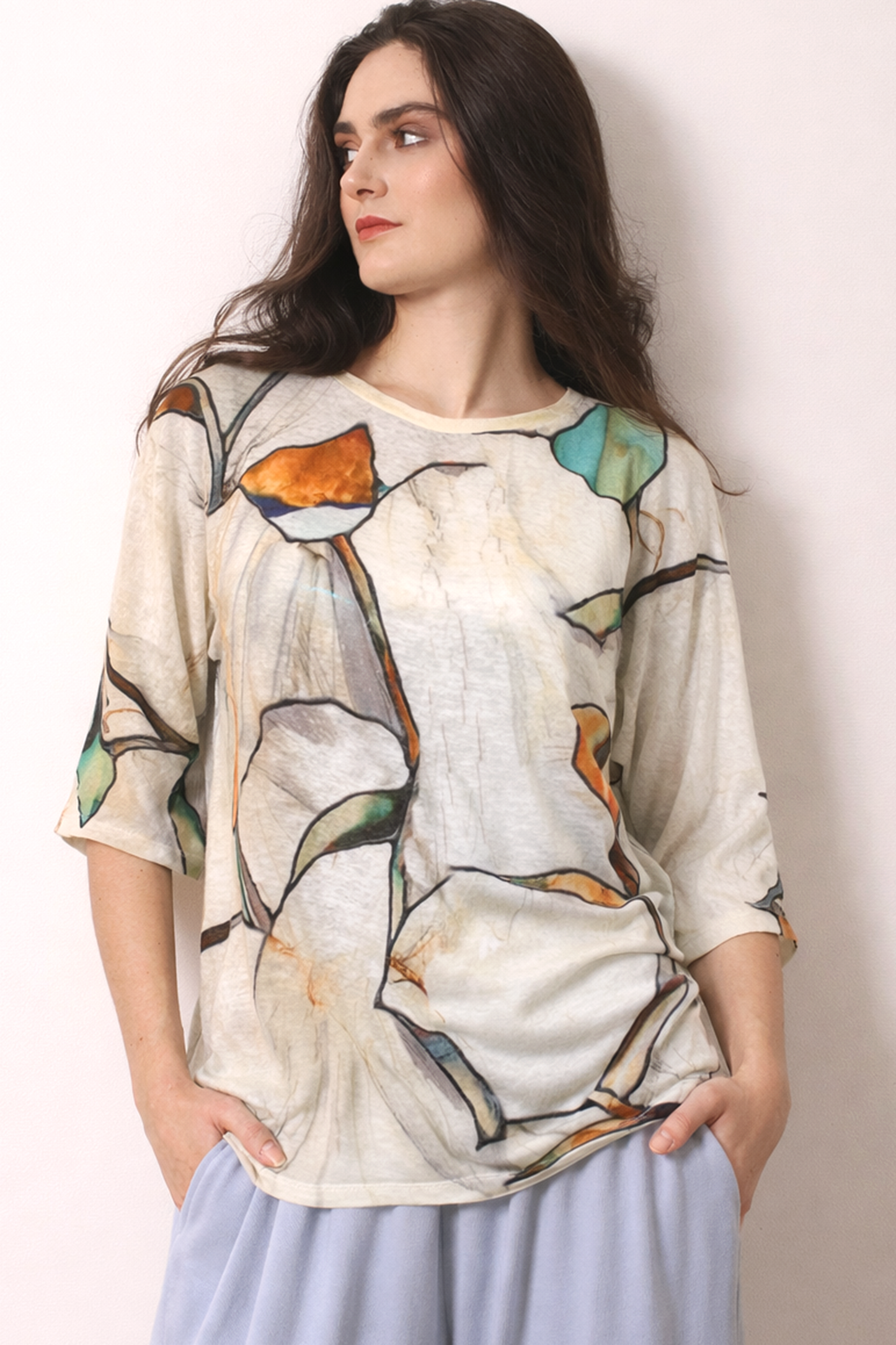 Multicolor knitted linen printed T-shirt 1- Pashma Women's