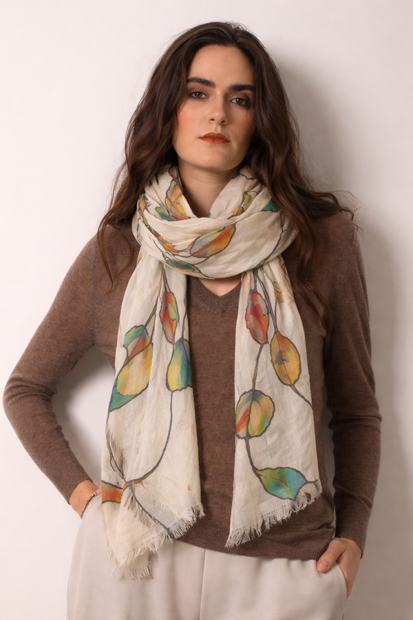 Multicolor leaf printed scarf- Pashma Women's