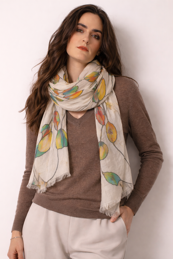Multicolor leaf printed scarf 1- Pashma Women's
