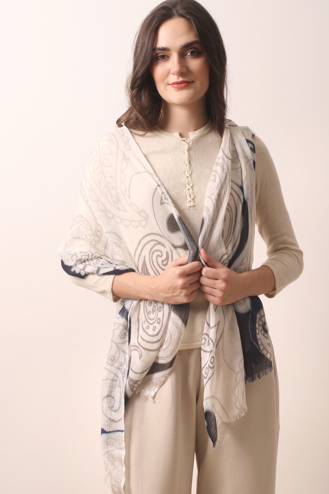 Multicolored Paisley Wool Cashmere Scarf 1- Pashma Women's