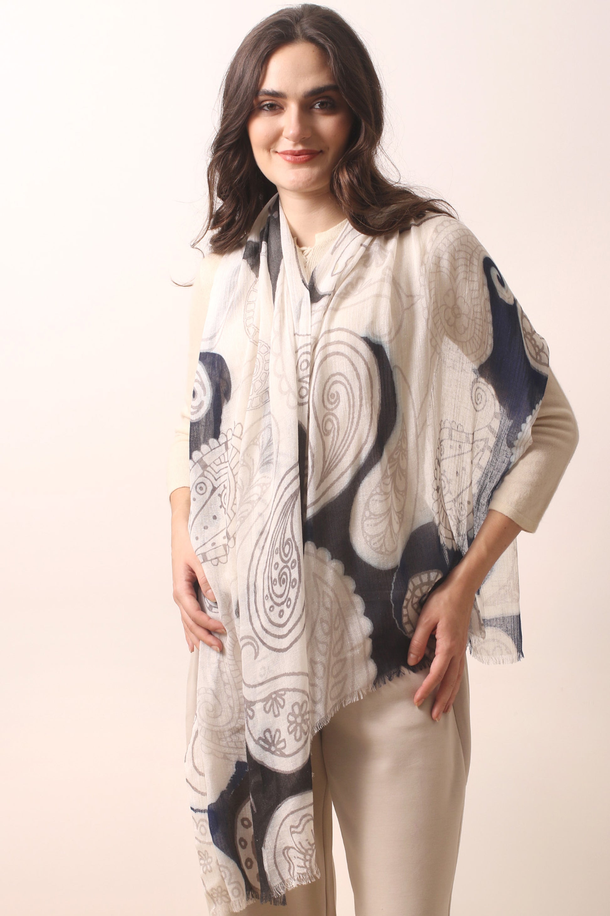 Multicolored Paisley Wool Cashmere Scarf 3- Pashma Women's