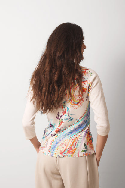 تيشيرت مطبوع من الكتان المحبوك بألوان الباستيل