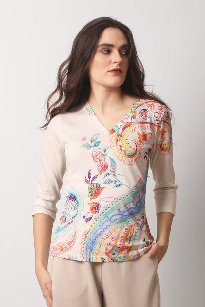 تيشيرت مطبوع من الكتان المحبوك بألوان الباستيل