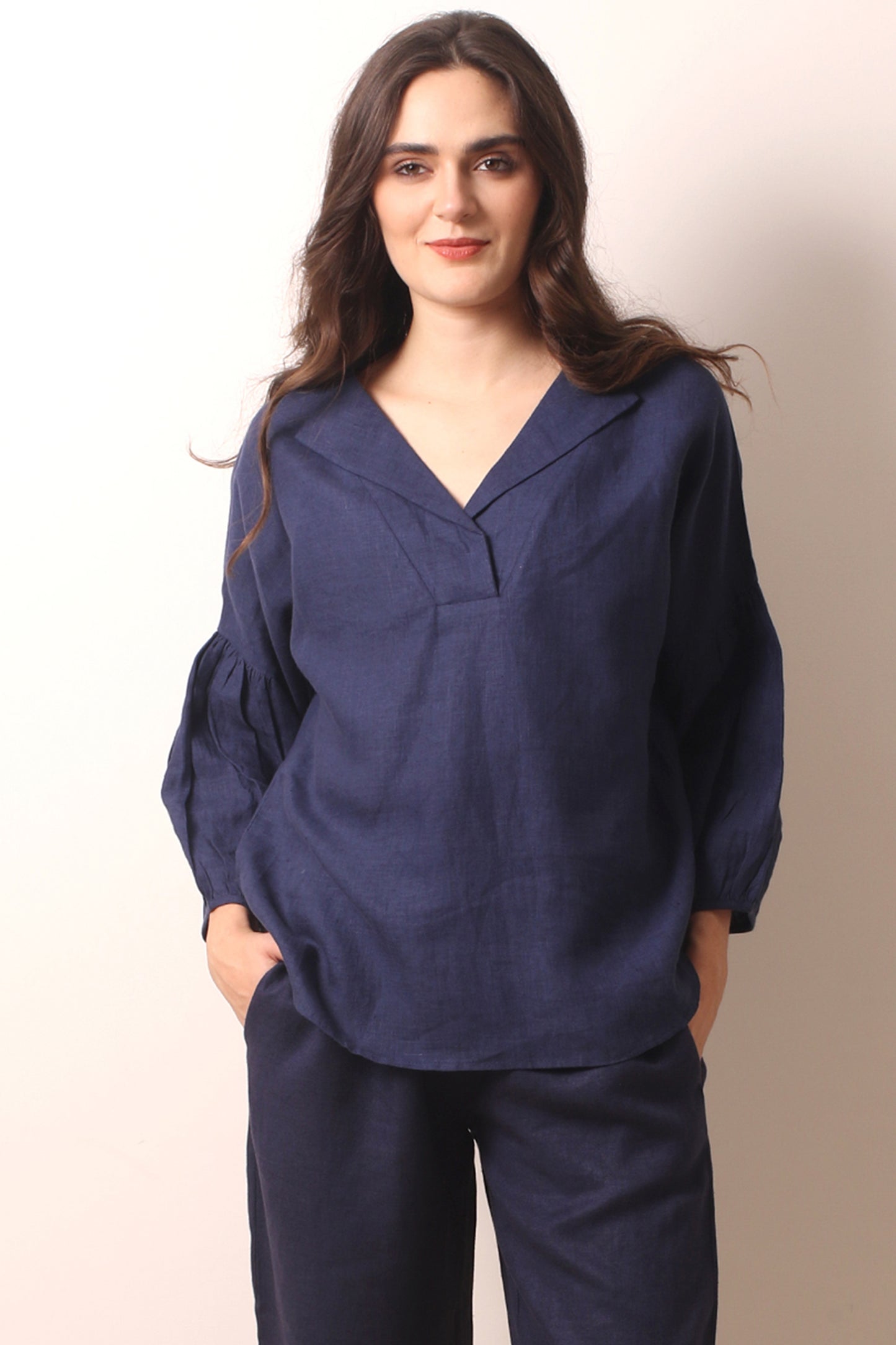 Navy Linen Blouse- Pashma Women's
