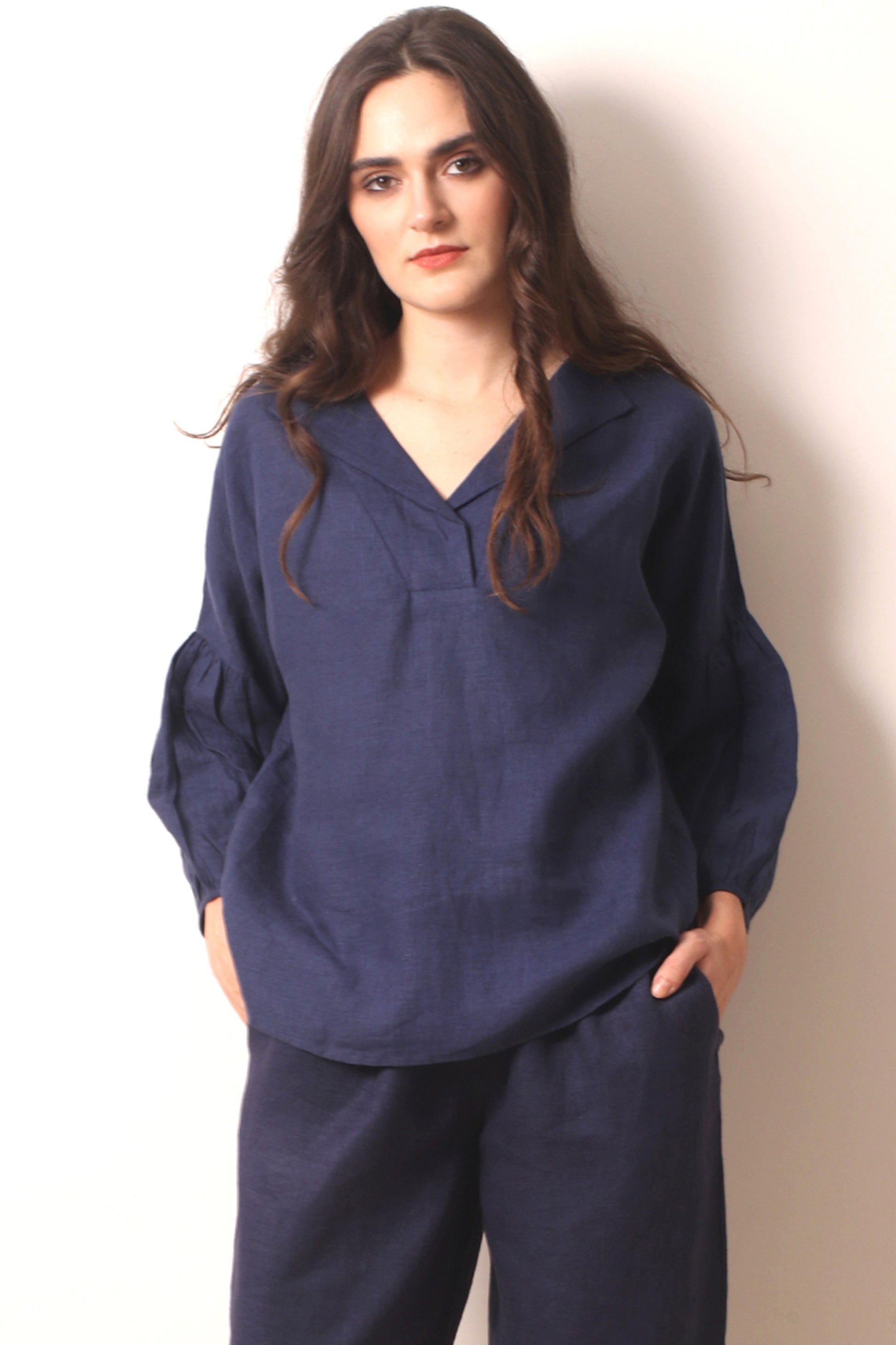 Navy Linen Blouse 1- Pashma Women's