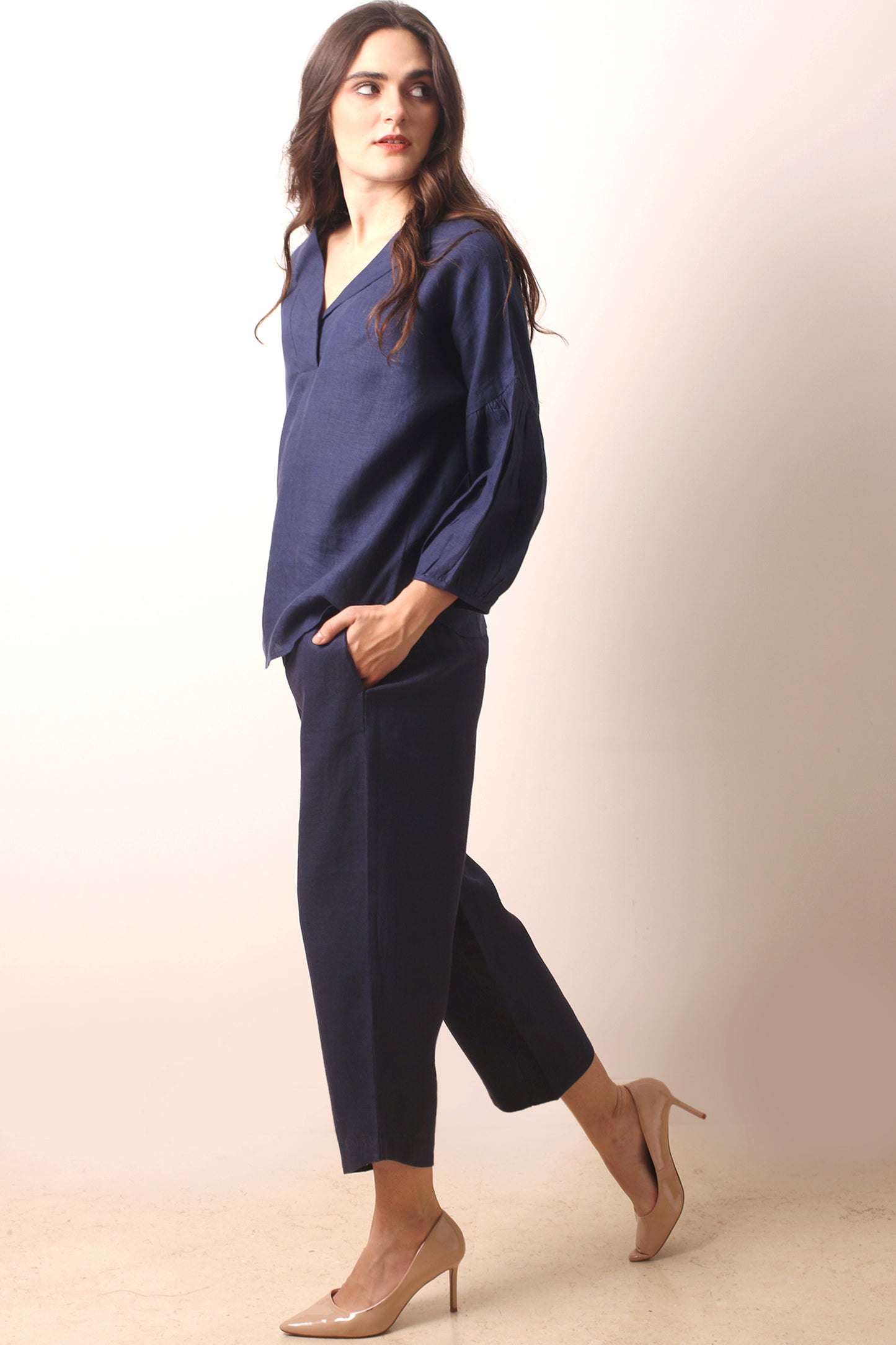 Navy Linen Tailored Pants- Pashma Women's