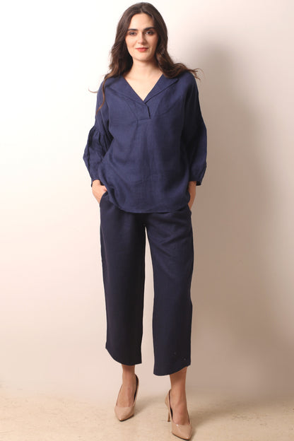 Navy Linen Tailored Pants 1- Pashma Women's
